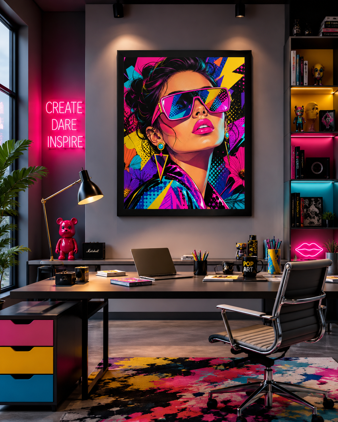 Tableau Pop Art Glamour – Portrait Féminin Coloré avec Lunettes Néon