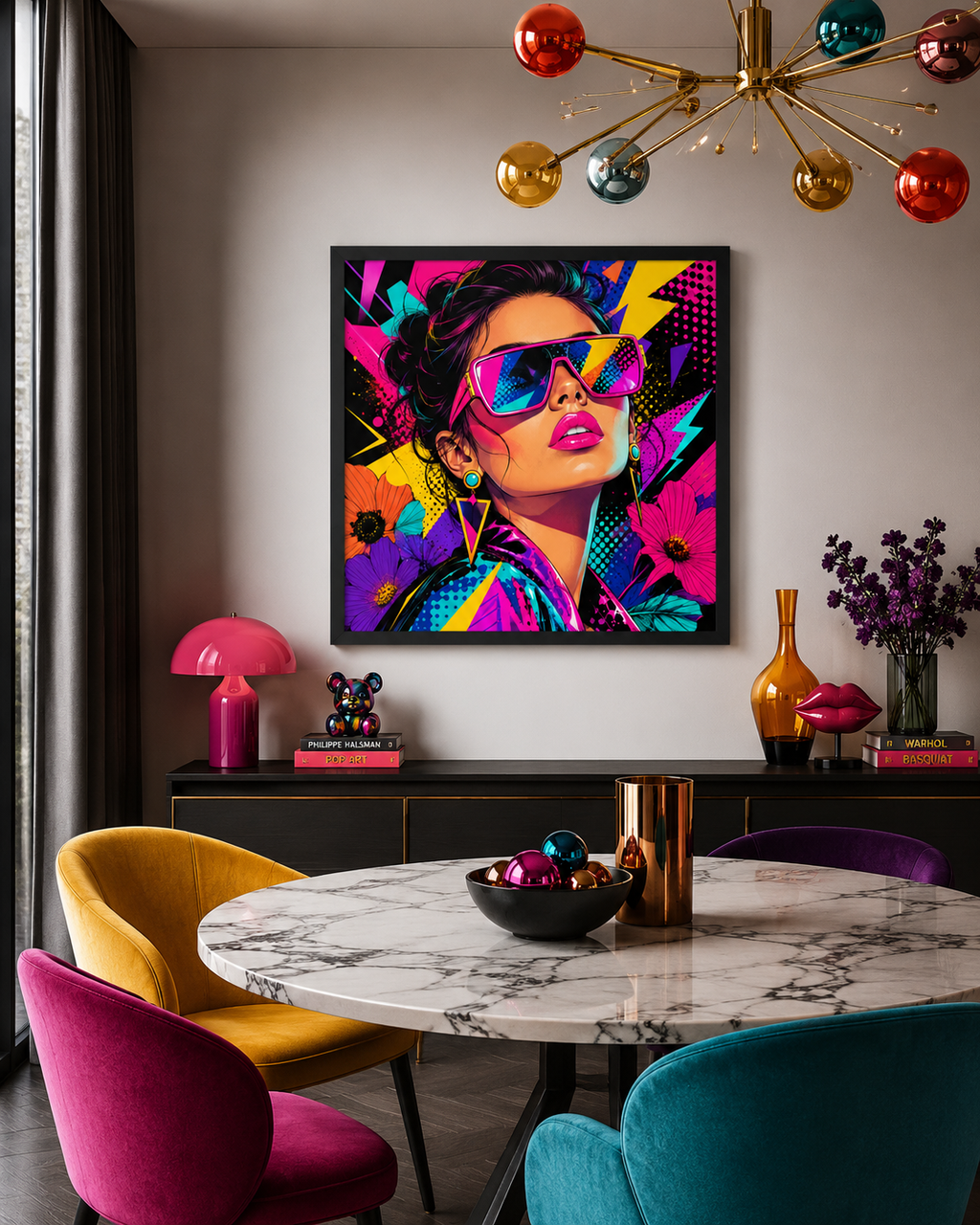 Tableau Pop Art Glamour – Portrait Féminin Coloré avec Lunettes Néon