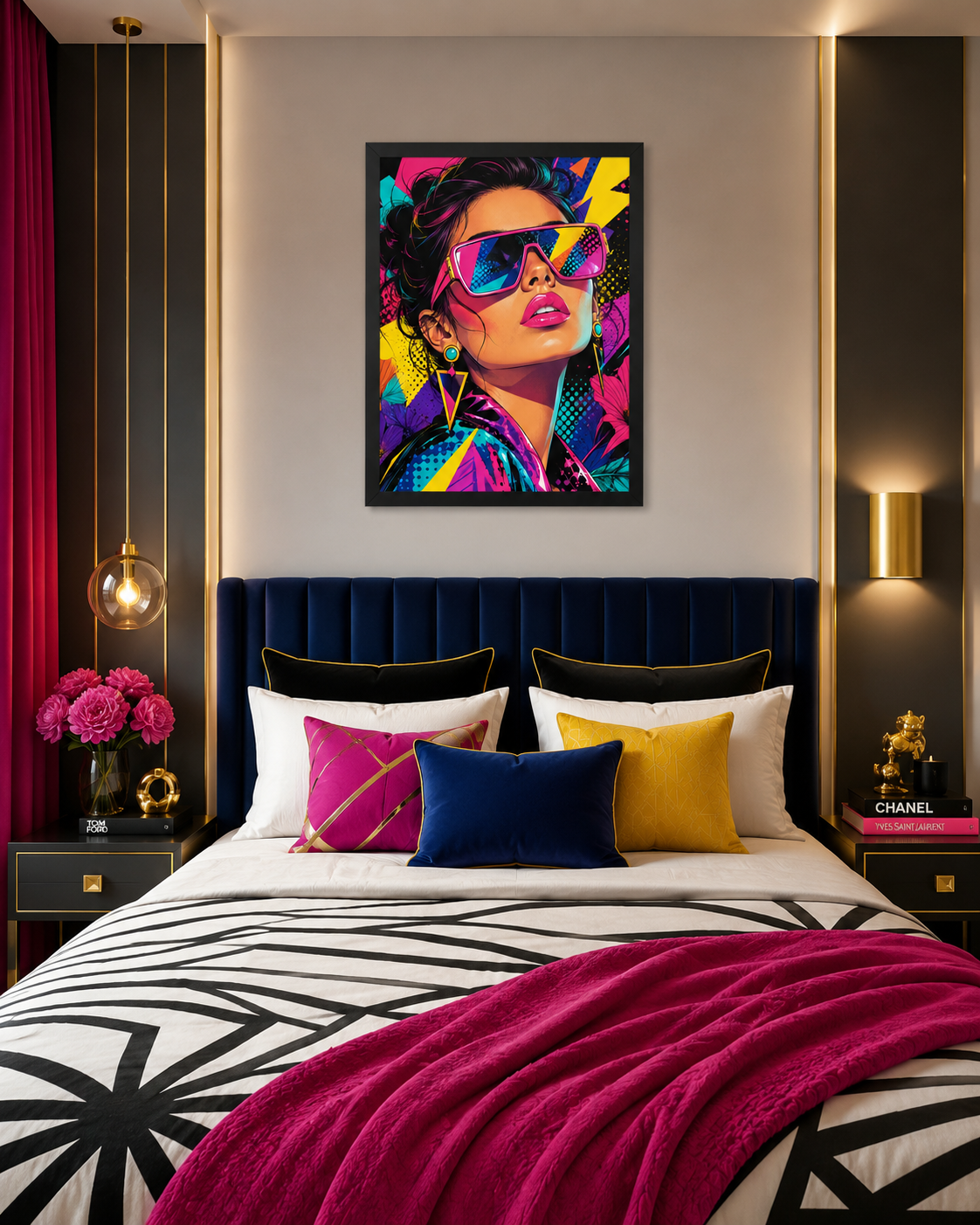 Tableau Pop Art Glamour – Portrait Féminin Coloré avec Lunettes Néon