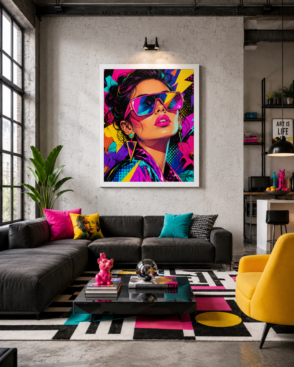 Tableau Pop Art Glamour – Portrait Féminin Coloré avec Lunettes Néon