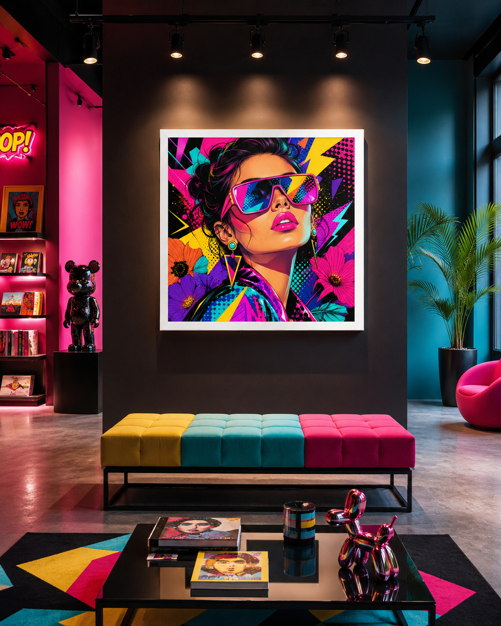 Tableau Pop Art Glamour – Portrait Féminin Coloré avec Lunettes Néon