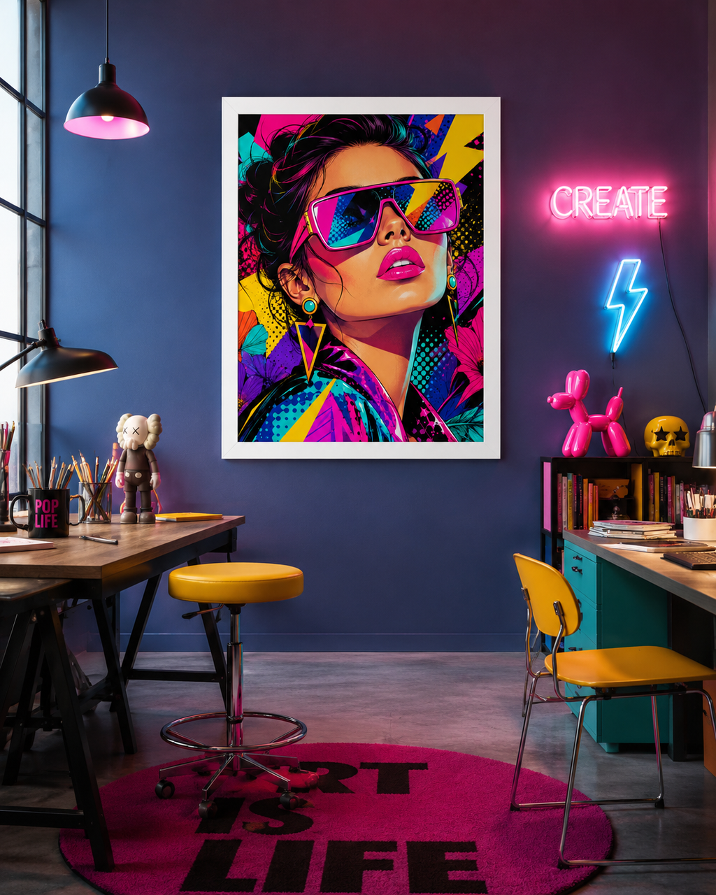 Tableau Pop Art Glamour – Portrait Féminin Coloré avec Lunettes Néon