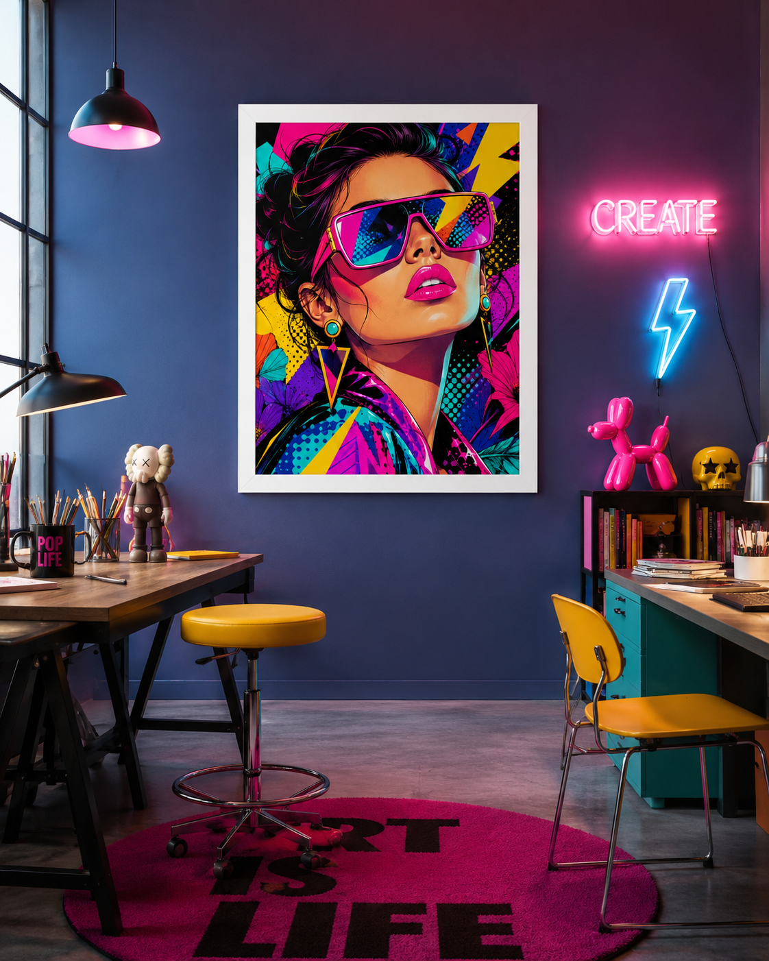 Tableau Pop Art Glamour – Portrait Féminin Coloré avec Lunettes Néon