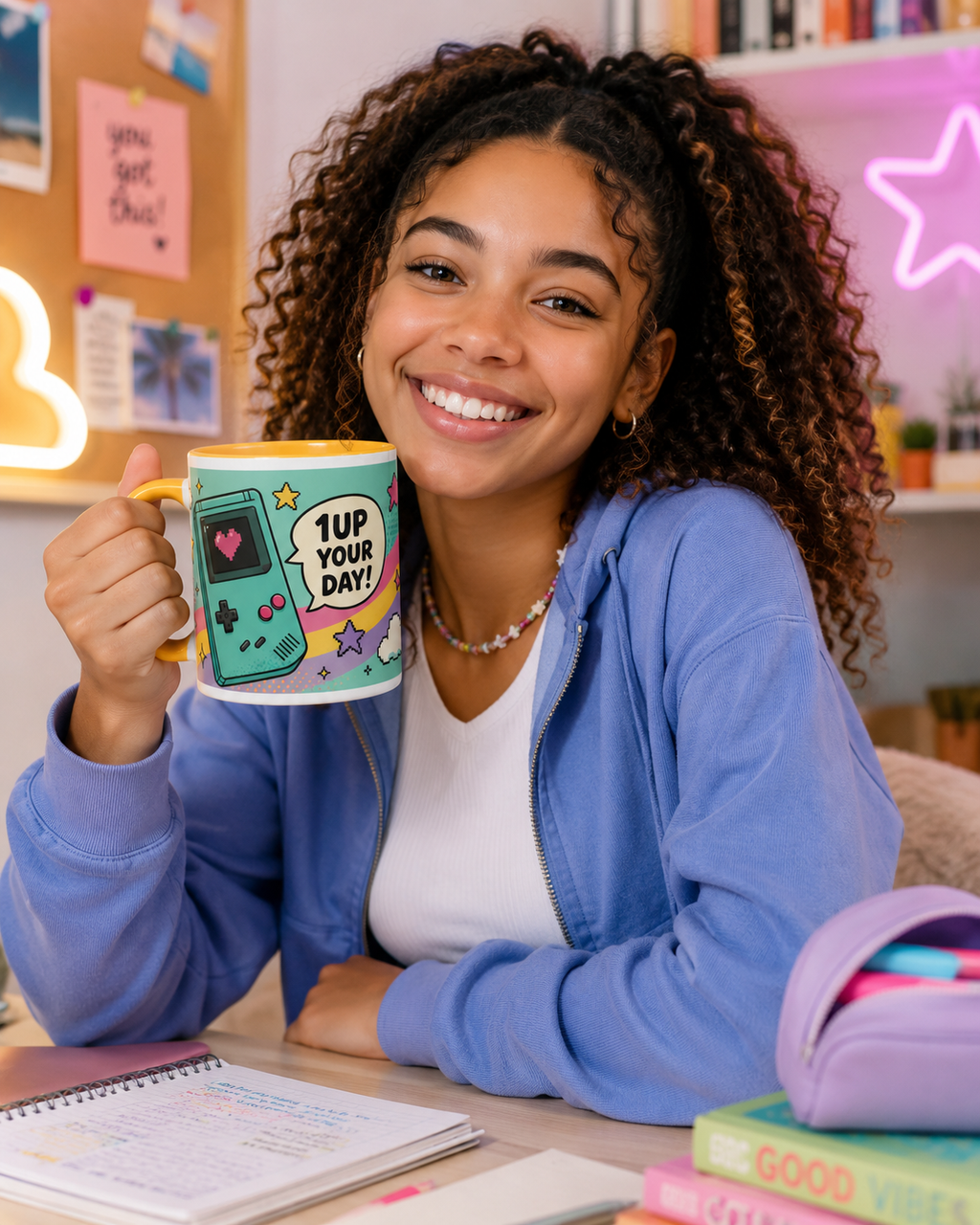 Mug rétro gaming “1UP Your Day” – Tasse colorée pour petits et grands