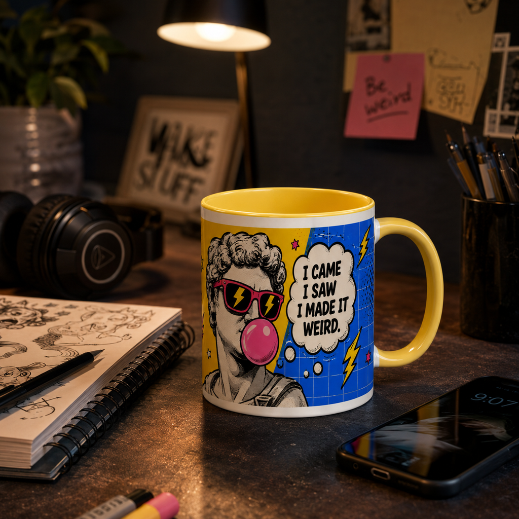 Mug Pop Art “I Came, I Saw, I Made It Weird” – Tasse Originale Jaune 325 ml