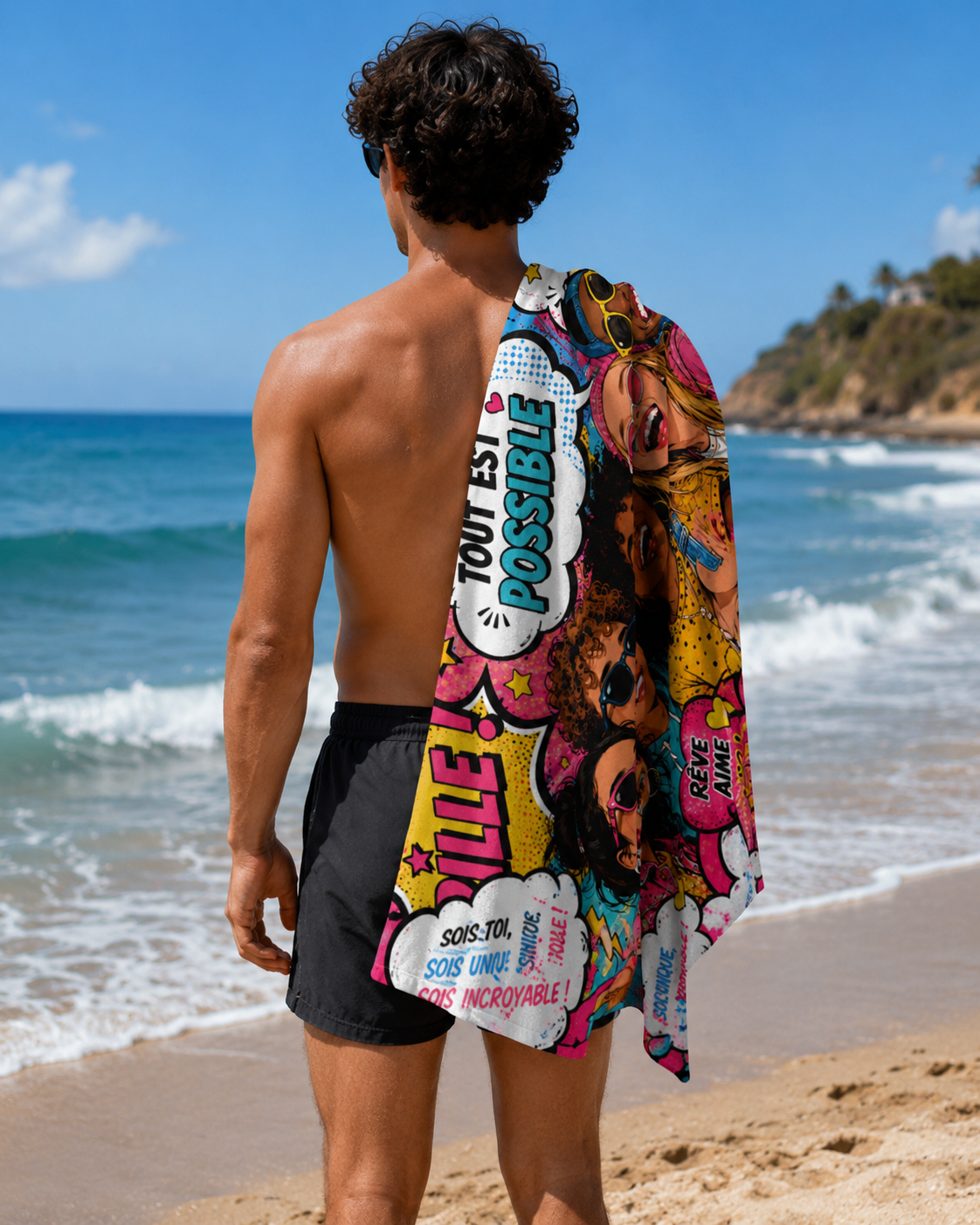 Serviette de Plage Pop Art Colorée – Motifs Good Vibes, Joie & Positivité